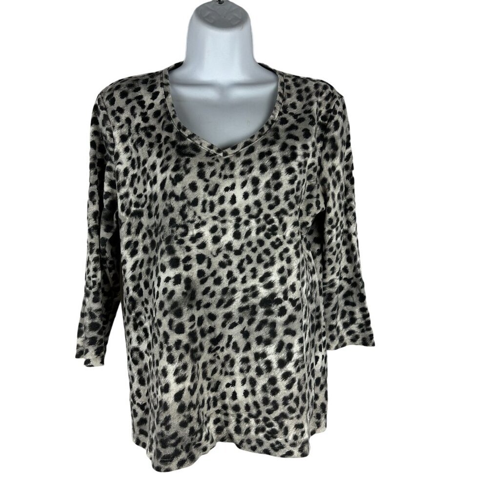 Karen Scott Womens Leopard Print V-Neck Long Sleeve Top Size M